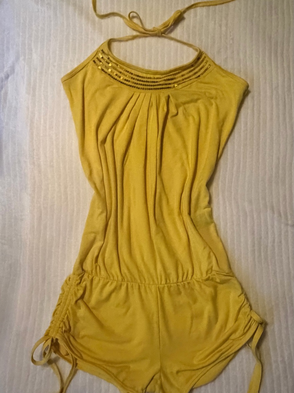 VTG Y2K Baby Phat Yellow Halter Sequin Romper Rhinestone Cat Logo M